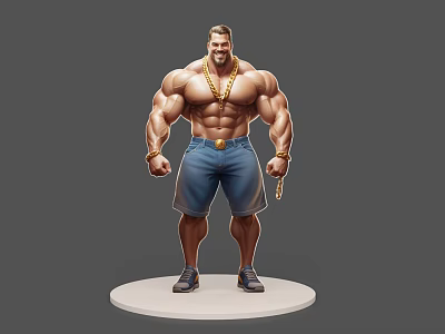 Muscular Game Movie Character With Gold Chain Blue Shorts And Sneakers 3d model