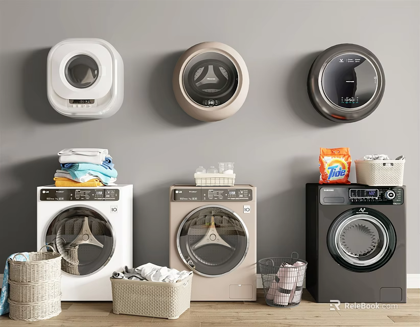 Modern Wall Mounted And Floor Standing Washing Machines With Laundry Baskets And Detergent 3d model 