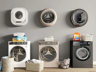 Modern Wall Mounted And Floor Standing Washing Machines With Laundry Baskets And Detergent 3d model