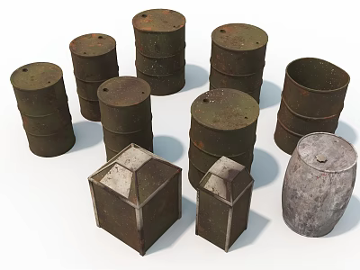 Industrial Equipment Rusty Metal Barrels And Metal Blocks With Various Shapes For Industrial Use 3d model