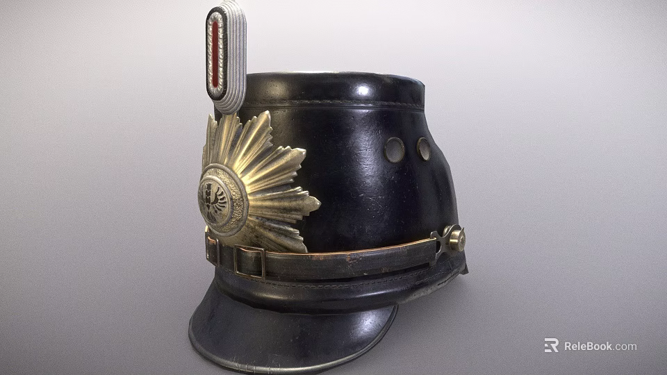 Vintage Black Military Helmet with Golden Star Shaped Badge and Metal Decorations 3d model 