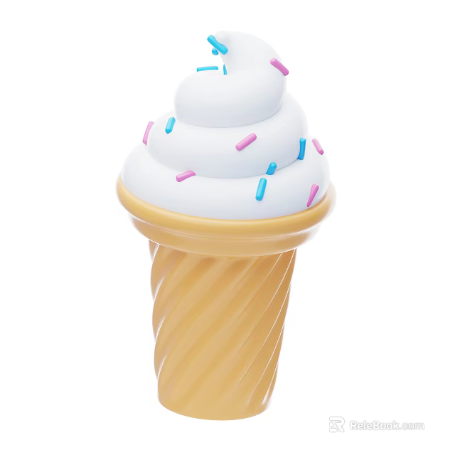 Delicious Ice Cream In Yellow Swirl Cone With White Cream And Pink And Blue Sprinkles 3d model 