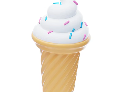 Delicious Ice Cream In Yellow Swirl Cone With White Cream And Pink And Blue Sprinkles 3d model