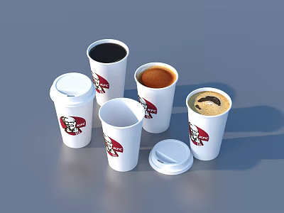 Assorted Coffee Beverages In White Disposable Cups With Red Logos And Lids 3d model