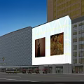 Modern Office Building with Glass Curtain Wall Night View Large Billboards Pedestrians and Vehicles