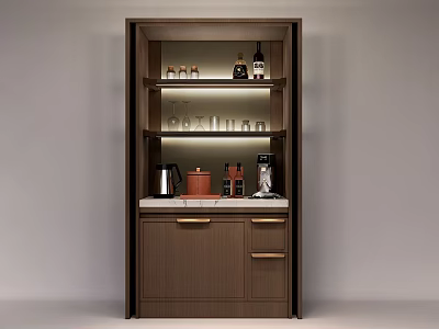 Modern Wooden Storage Cabinet With Marble Countertop Coffee Machine Teapot Bottles And Glasses 3d model