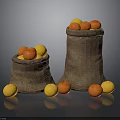 Fresh Orange And Yellow Fruits In Burlap Sacks With Scattered Pieces