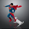 Superhero in Superman Costume Running With White Dog On Dark Reflective Surface