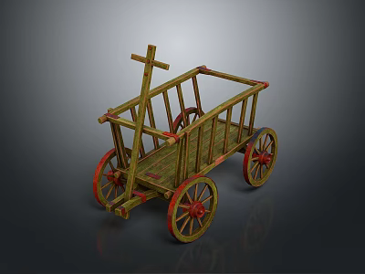 Vintage Wooden Cart With Red Wheels Yellow Frame And Cross Structure 3d model