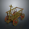 Vintage Wooden Cart With Red Wheels Yellow Frame And Cross Structure