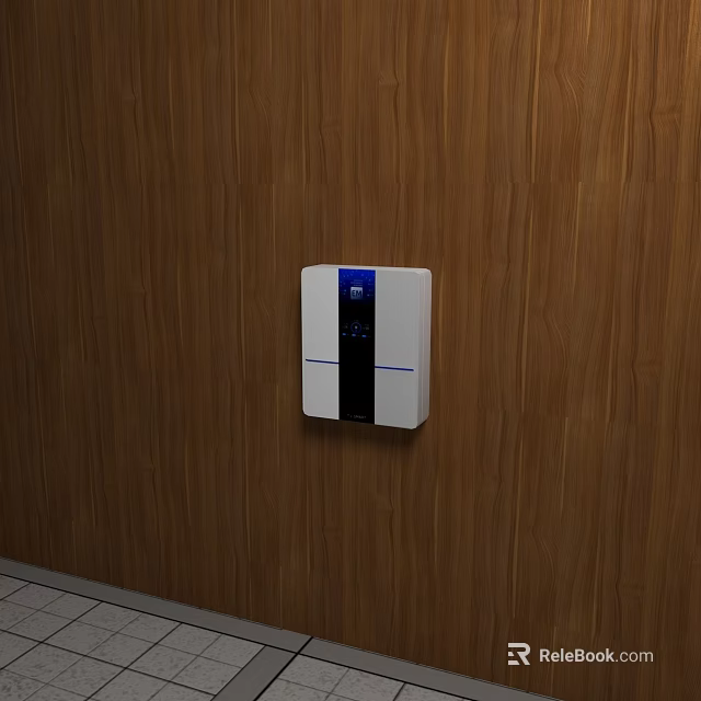 White Wall Mounted Industrial Control Device With Blue Display Screen On Wooden Wall 3d model 