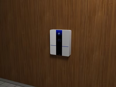 White Wall Mounted Industrial Control Device With Blue Display Screen On Wooden Wall 3d model