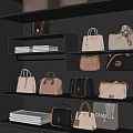 Luxury Handbags In Various Styles And Colors On Modern Black Display Shelves With Warm Lighting