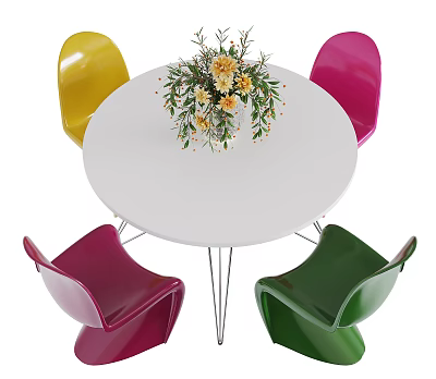 Vibrant Colorful Chair And White Round Table Set With Floral Centerpiece 3d model