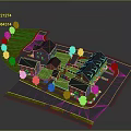 Residential Area 3D Model With Red Brick Buildings Green Lawns And Roads Layout