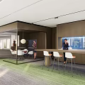 Modern Public Office Space With Stylish Sofa Coffee Table Green Plants And Soft Lighting