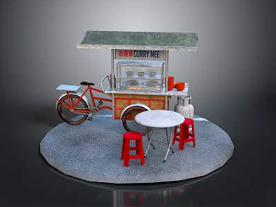 Street Food Cart Setup With Canopy Table Red Stools And Display Case 3d model