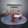 Street Food Cart Setup With Canopy Table Red Stools And Display Case