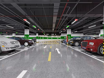 Modern Parking Lot with Parked Cars Floor Markings Arrows And Green White Columns 3d model