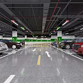 Modern Parking Lot with Parked Cars Floor Markings Arrows And Green White Columns