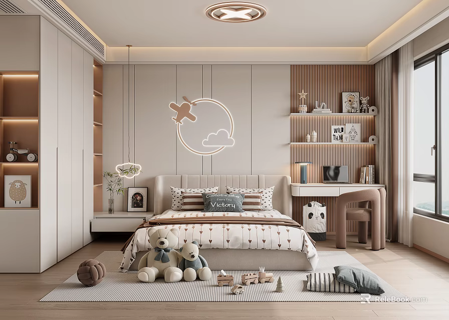 Modern Kids Room Interior With Bed Stuffed Toys Bookshelves Desk And Cloud Airplane Wall Decor 3d model 