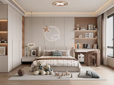 Modern Kids Room Interior With Bed Stuffed Toys Bookshelves Desk And Cloud Airplane Wall Decor 3d model