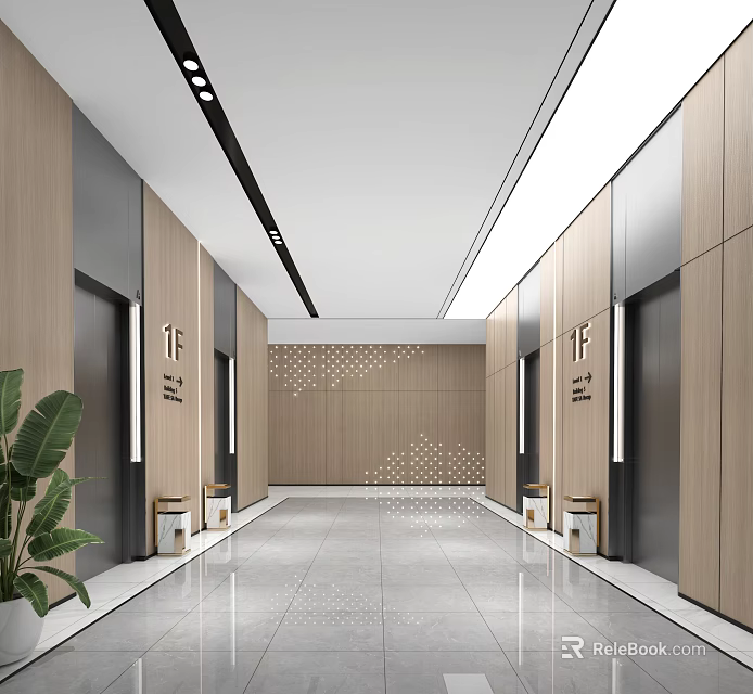 Modern Elevator Lobby With Symmetric Elevators Wooden Panels And Greenery 3d model