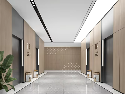 Modern Elevator Lobby With Symmetric Elevators Wooden Panels And Greenery 3d model
