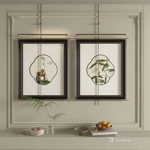 Abstract Paintings Black Framed Hung On Wall Bamboo Leaves Interior Green Plant Fruits 3d model 