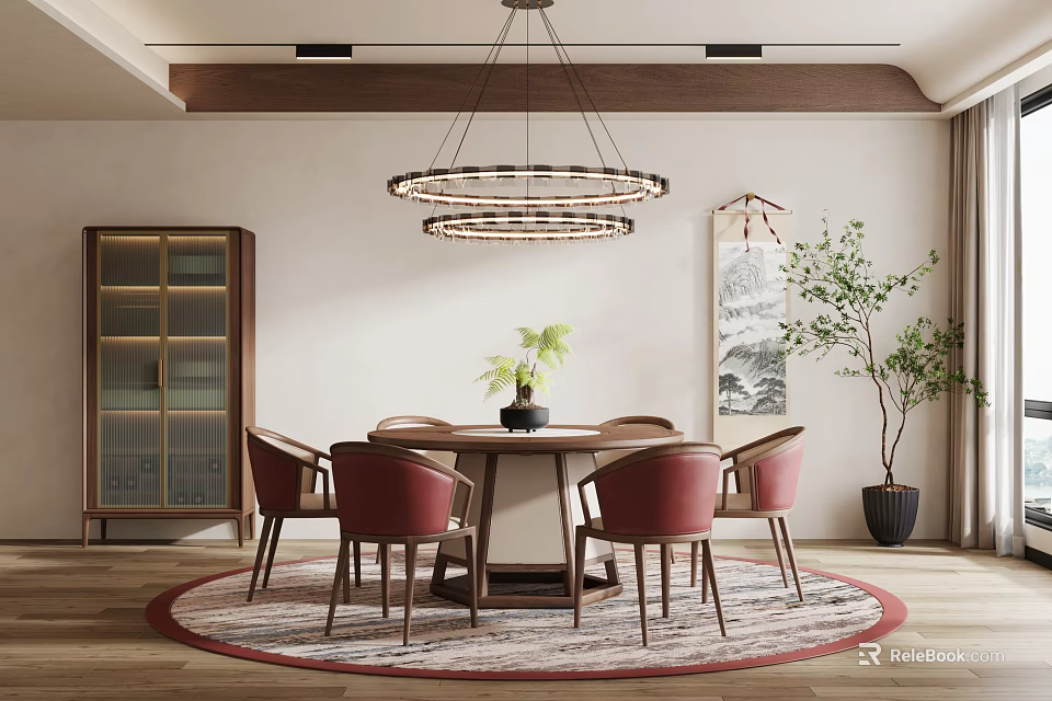 Elegant Modern Restaurant Interior With Round Dining Table Red Chairs And Circular Pendant Light 3d model