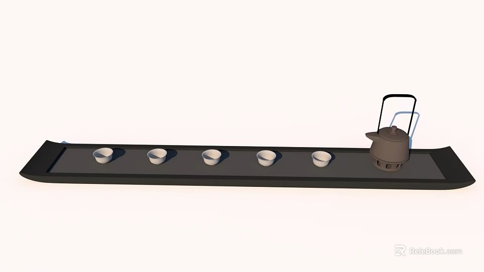 Stylish Tea Set Featuring Teapot and Five Tea Cups on Black Tray 3d model