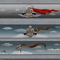 Chinese Mythological Character Painting With Flying Figure Long Staff And Cloudy Mountain Background
