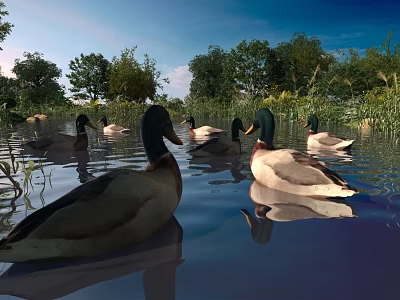 Ducks Swimming In Natural Water With Green Trees And Reflections 3d model