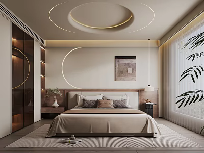 Modern Bedroom Interior With Circular Ceiling Light Strips Decorative Painting And Plant Patterned Window 3d model
