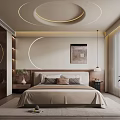 Modern Bedroom Interior With Circular Ceiling Light Strips Decorative Painting And Plant Patterned Window