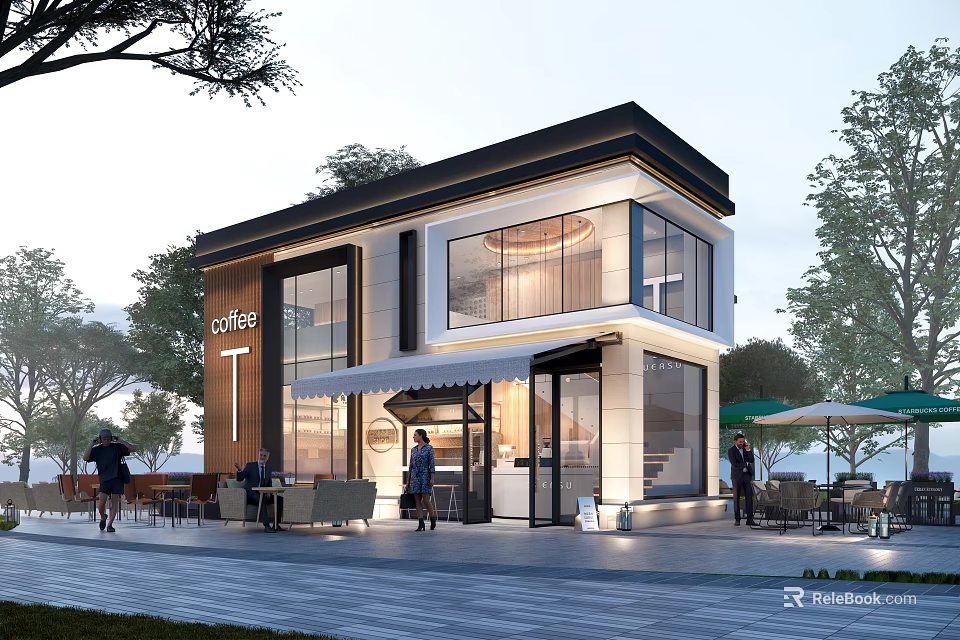 Modern Cafe Exterior Design With Glass Windows Outdoor Seating Awning And Tree Patio Area 3d model 
