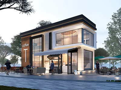Modern Cafe Exterior Design With Glass Windows Outdoor Seating Awning And Tree Patio Area 3d model