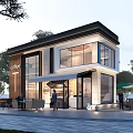Modern Cafe Exterior Design With Glass Windows Outdoor Seating Awning And Tree Patio Area