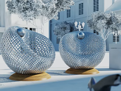 Spherical Mesh Metal Outdoor Chairs With Wooden Base In Garden Setting 3d model