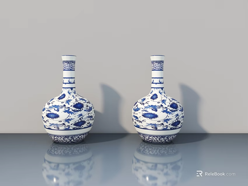 Two Blue And White Ceramic Vases With Intricate Floral Patterns On Sleek Surface 3d model 