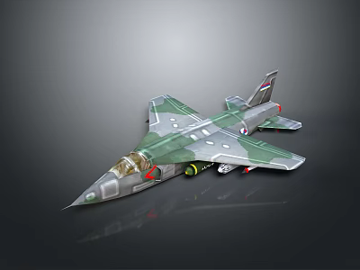 3D Camouflage Fighter Jet Model With Missiles Under Wings And Gray Background Reflection 3d model