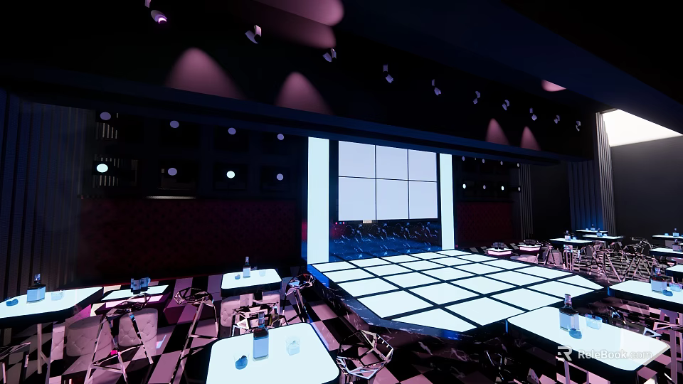 Modern Bar Interior With Dance Floor Large Screen And Purple Lighting 3d model 