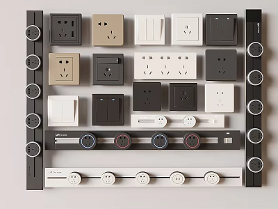 Modern Switch Panels In Black White Beige With Sockets And Buttons Design Collection 3d model