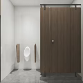 Modern Public Restroom Interior With Marble Countertop Large Mirror Wooden Doors And Plants