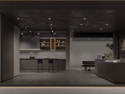 Contemporary Interior Design Featuring Black Ceiling Recessed Lights Wooden Shelves Counter Stools And Plants 3d model