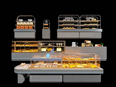 Bakery Display Cases With Fresh Breads And Pastries Arranged On Multiple Shelves 3d model