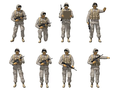 Men In Military Uniforms Displaying Various Poses Holding Rifles Clipboard And Gesturing 3d model