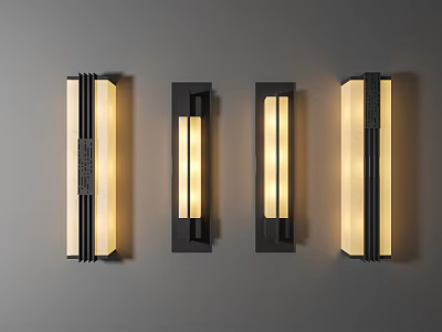 Multiple Modern Wall Lamps With Black Frame Long Strip Warm Light On Gray Wall 3d model