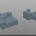Two Blue Geometric Block Structures With Green Small Objects On Top