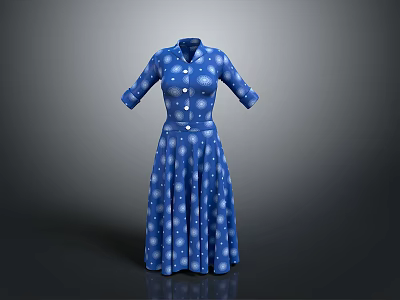 Blue With White Dots Long Sleeve Dress Featuring Button Front And Classic Style 3d model
